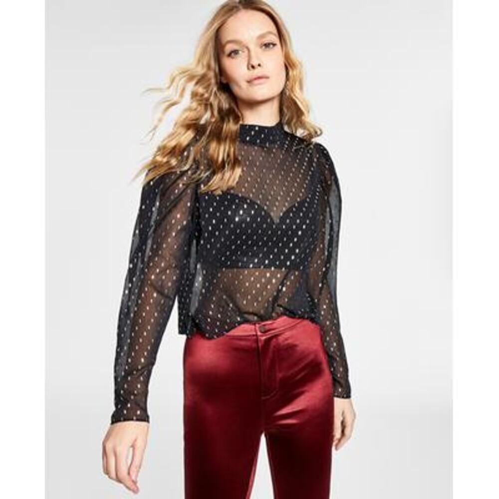 Bar III Black Metallic Print Sheer Sexy Chiffon Blouse Top Overlay XXS